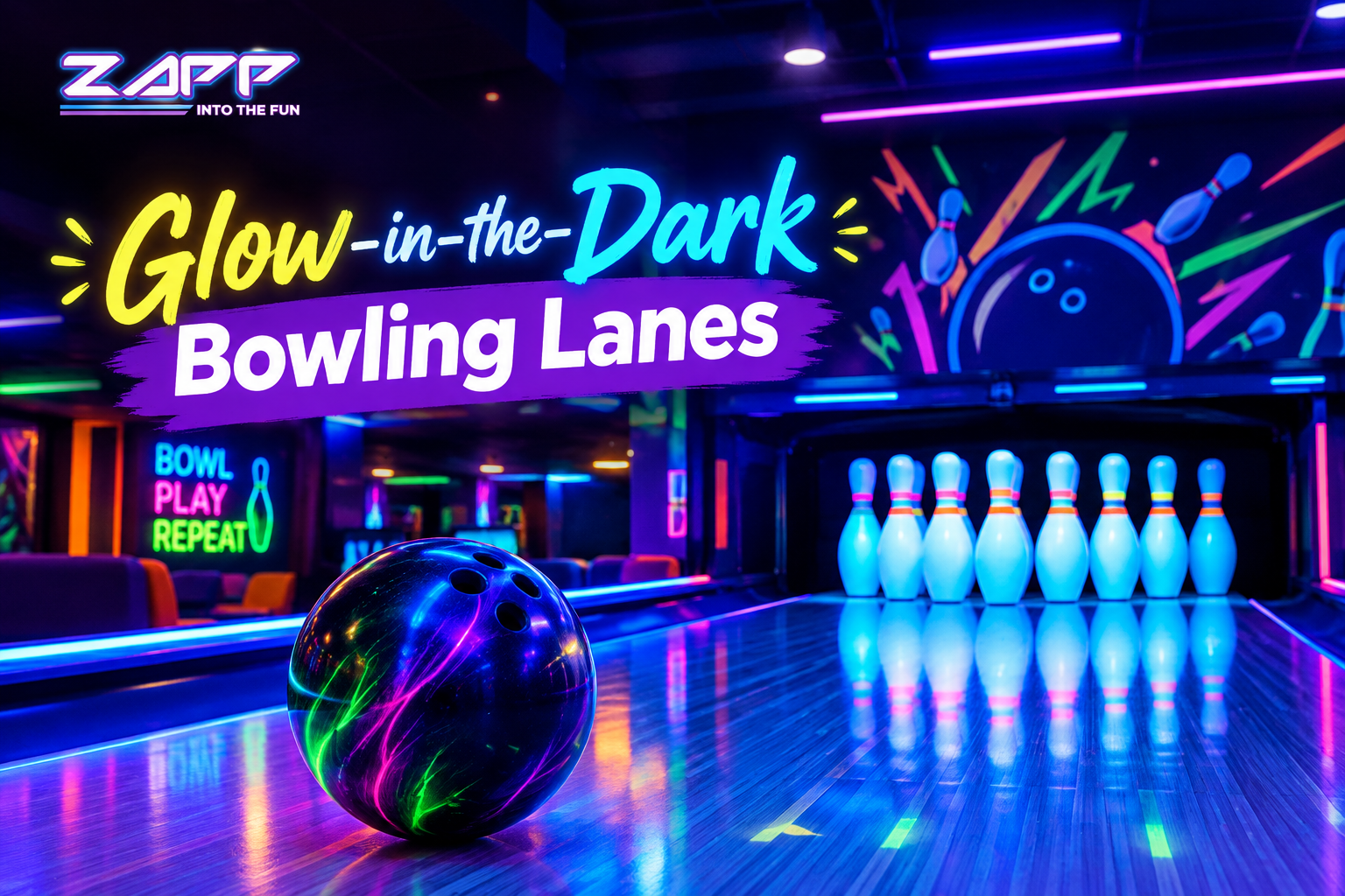 Glow-in-the-dark bowling lanes with neon lights and glowing bowling pins at Zapp India.